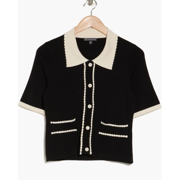 Adrianna Papell Tops - Adrianna Papell Contrast Scallop Trim Cardigan Black Cream